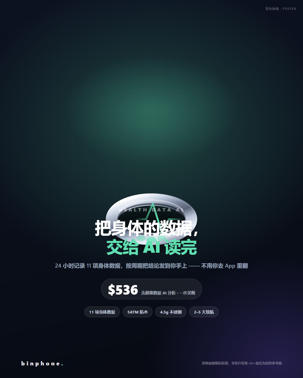 Binphone 健康 AI 戒指宣传海报：把身体的数据，交给 AI 读完
